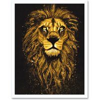 Artery8 Wall Art Print King Of The Pride Male Lion Golden Mane Painting Gustav Dore Style Black & Gold Art Framed in White | Size: W12" x H16"
