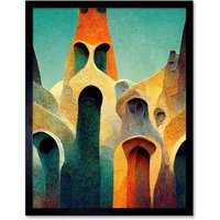 Artery8 Wall Art Print Colourful Modern Painting Gaudi Style Architecture Sagrada Familia Art Framed in Black | Size: W12" x H16"