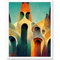 Artery8 Wall Art Print Colourful Modern Painting Gaudi Style Architecture Sagrada Familia Art Framed in White | Size: W12" x H16"