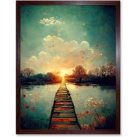 Artery8 Wall Art Print Path Into The Light Calm Landscape Oil Painting Art Framed in Brown | Size: W12" x H16"
