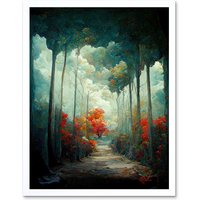 Artery8 Wall Art Print Autumn Forest Path Landscape Scene Painting Art Framed in White | Size: W12" x H16"