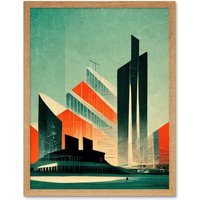 Artery8 Wall Art Print Futuristic Abstract Architecture Cityscape Teal & Orange Art Framed in Light Oak | Size: W12" x H16"