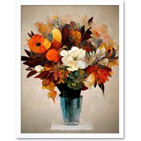 Artery8 Wall Art Print Autumn Field Flower Bouquet In Vase Modern Painting Art Framed in White | Size: W12" x H16"