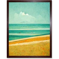 Artery8 Wall Art Print Calm Sandy Beach Summer Scene In Ochre & Teal Minimalist Art Framed in Brown | Size: W12" x H16"