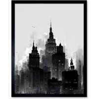 Artery8 Wall Art Print Skyscraper Cityscape Charcoal Black White Art Framed | Size: W12" x H16"