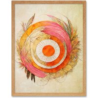 Artery8 Wall Art Print Abstract Dreamcatcher With Feathers In Soft Pastel Palette Art Framed in Light Oak | Size: W12" x H16"