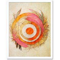 Artery8 Wall Art Print Abstract Dreamcatcher With Feathers In Soft Pastel Palette Art Framed in White | Size: W12" x H16"