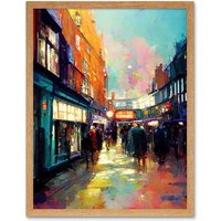 Artery8 Wall Art Print Carnaby Street London Bright Acrylic Painting Art Framed in Light Oak | Size: W12" x H16"