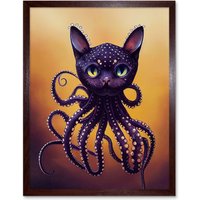 Artery8 Wall Art Print Octopussy Surreal Cat Octopus Hybrid Purple Art Framed in Brown | Size: W12" x H16"