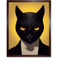 Artery8 Wall Art Print Le Chat Noir Black Cat Tuxedo Yellow Portrait Art Framed in Brown | Size: W12" x H16"