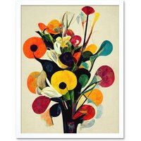Artery8 Wall Art Print Abstract Kandinsky Inspired Multicolour Flower Bouquet In Vase Art Framed in White | Size: W12" x H16"