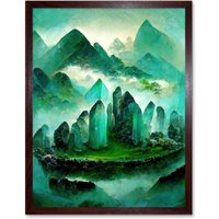Artery8 Wall Art Print Mystical New Age Crystal Jade Green Landscape Painting Art Framed in Brown | Size: W12" x H16"