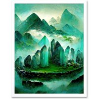 Artery8 Wall Art Print Mystical New Age Crystal Jade Green Landscape Painting Art Framed in White | Size: W12" x H16"