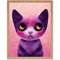 Artery8 Wall Art Print Cute Kawaii Cat Portrait Pink & Purple Kids Art Framed in Light Oak | Size: W12" x H16"