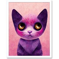Artery8 Wall Art Print Cute Kawaii Cat Portrait Pink & Purple Kids Art Framed in White | Size: W12" x H16"