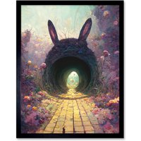 Artery8 Wall Art Print Down The Rabbit Hole Alice In Wonderland Easter Bunny Tunnel Art Framed in Black | Size: W12" x H16"