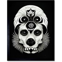 Artery8 Wall Art Print Day Of The Dead Dog Skull Head Drawing Halloween Art Framed in Black | Size: W12" x H16"