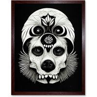 Artery8 Wall Art Print Day Of The Dead Dog Skull Head Drawing Halloween Art Framed in Brown | Size: W12" x H16"