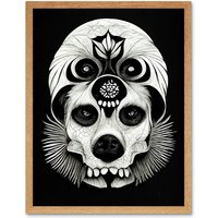 Artery8 Wall Art Print Day Of The Dead Dog Skull Head Drawing Halloween Art Framed in Light Oak | Size: W12" x H16"