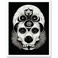 Artery8 Wall Art Print Day Of The Dead Dog Skull Head Drawing Halloween Art Framed in White | Size: W12" x H16"