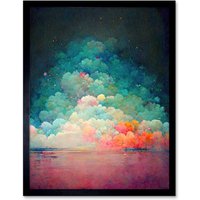 Artery8 Wall Art Print Beach Sunset In Bubble Clouds Dreamy Surreal Abstract Art Framed in Black | Size: W12" x H16"