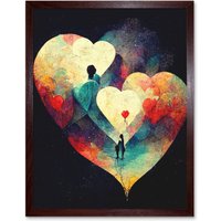 Artery8 Wall Art Print Abstract Love Hearts Night Sky Painting Modern Art Framed in Brown | Size: W12" x H16"