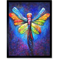 Artery8 Wall Art Print Vibrant Neon Dragonfly Glowing Night Oil Painting Art Framed in Black | Size: W12" x H16"