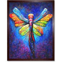 Artery8 Wall Art Print Vibrant Neon Dragonfly Glowing Night Oil Painting Art Framed in Brown | Size: W12" x H16"
