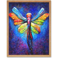 Artery8 Wall Art Print Vibrant Neon Dragonfly Glowing Night Oil Painting Art Framed in Light Oak | Size: W12" x H16"