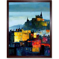 Artery8 Wall Art Print Colourful Modern Edinburgh Castle Cityscape Acrylic Painting Art Framed in Brown | Size: W12" x H16"