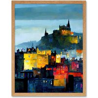 Artery8 Wall Art Print Colourful Modern Edinburgh Castle Cityscape Acrylic Painting Art Framed in Light Oak | Size: W12" x H16"