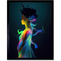 Artery8 Wall Art Print Nature Fairy In Colourful Fluorescent Light Dress Art Framed in Black | Size: W12" x H16"