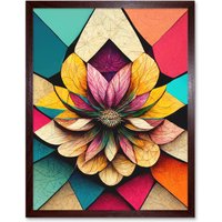 Artery8 Wall Art Print Geometric Floral Mandala Bright Multicoloured Shapes Art Framed in Brown | Size: W12" x H16"