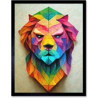 Artery8 Wall Art Print Vibrant Geometric Lion Head Decoupage Art Framed in Black | Size: W12" x H16"