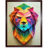 Artery8 Wall Art Print Vibrant Geometric Lion Head Decoupage Art Framed in Brown | Size: W12" x H16"