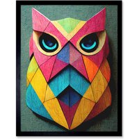Artery8 Wall Art Print Geometric Rainbow Owl Picture Abstract Multi Coloured Art Framed in Black | Size: W12" x H16"