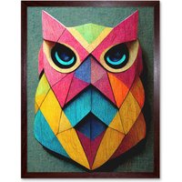 Artery8 Wall Art Print Geometric Rainbow Owl Picture Abstract Multi Coloured Art Framed in Brown | Size: W12" x H16"