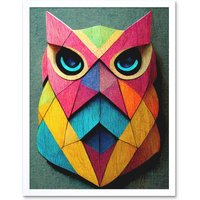 Artery8 Wall Art Print Geometric Rainbow Owl Picture Abstract Multi Coloured Art Framed in White | Size: W12" x H16"