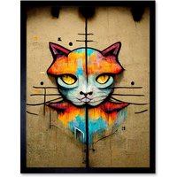 Artery8 Wall Art Print Vibrant Symmetrical Street Art Mural Graffiti Cat Art Framed in Black | Size: W12" x H16"