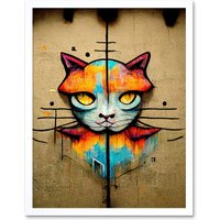 Artery8 Wall Art Print Vibrant Symmetrical Street Art Mural Graffiti Cat Art Framed in White | Size: W12" x H16"