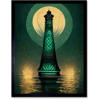 Artery8 Wall Art Print Art Deco Lighthouse Great Gatsby Moonlight Emerald Art Framed in Green | Size: W12" x H16"