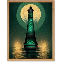 Artery8 Wall Art Print Art Deco Lighthouse Great Gatsby Moonlight Emerald Art Framed in Light Oak | Size: W12" x H16"