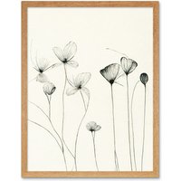 Artery8 Wall Art Print Stylish Flower Line Drawing With Black Ink Art Framed in Light Oak | Size: W12" x H16"