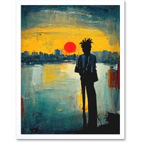 Artery8 Wall Art Print Dramatic Sunset Silhouette City Skyline Lake Oil Painting Art Framed in White | Size: W12" x H16"