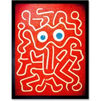 Artery8 Wall Art Print Line Drawing On Red With Googly Eyes Art Framed in Black | Size: W12" x H16"