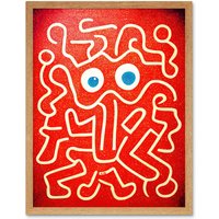 Artery8 Wall Art Print Line Drawing On Red With Googly Eyes Art Framed in Light Oak | Size: W12" x H16"
