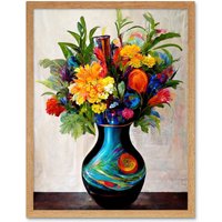 Artery8 Wall Art Print Boldly Coloured Flower Bouquet In Decorative Vase Art Framed in Light Oak | Size: W12" x H16"
