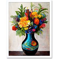 Artery8 Wall Art Print Boldly Coloured Flower Bouquet In Decorative Vase Art Framed in White | Size: W12" x H16"