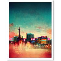 Artery8 Wall Art Print Modern Las Vegas Skyline Colourful Acrylic Cityscape Art Framed in White | Size: W12" x H16"