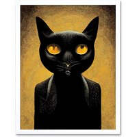 Artery8 Wall Art Print Black Cat Le Chat Noir Modern Mustard Art Framed in White | Size: W12" x H16"